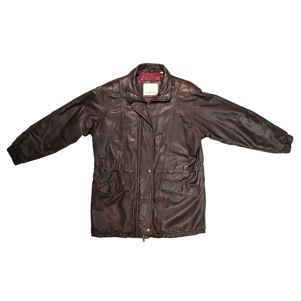London Fog Men's Brown Soft Leather Overcoat Jacket Quilted Lining Size Large